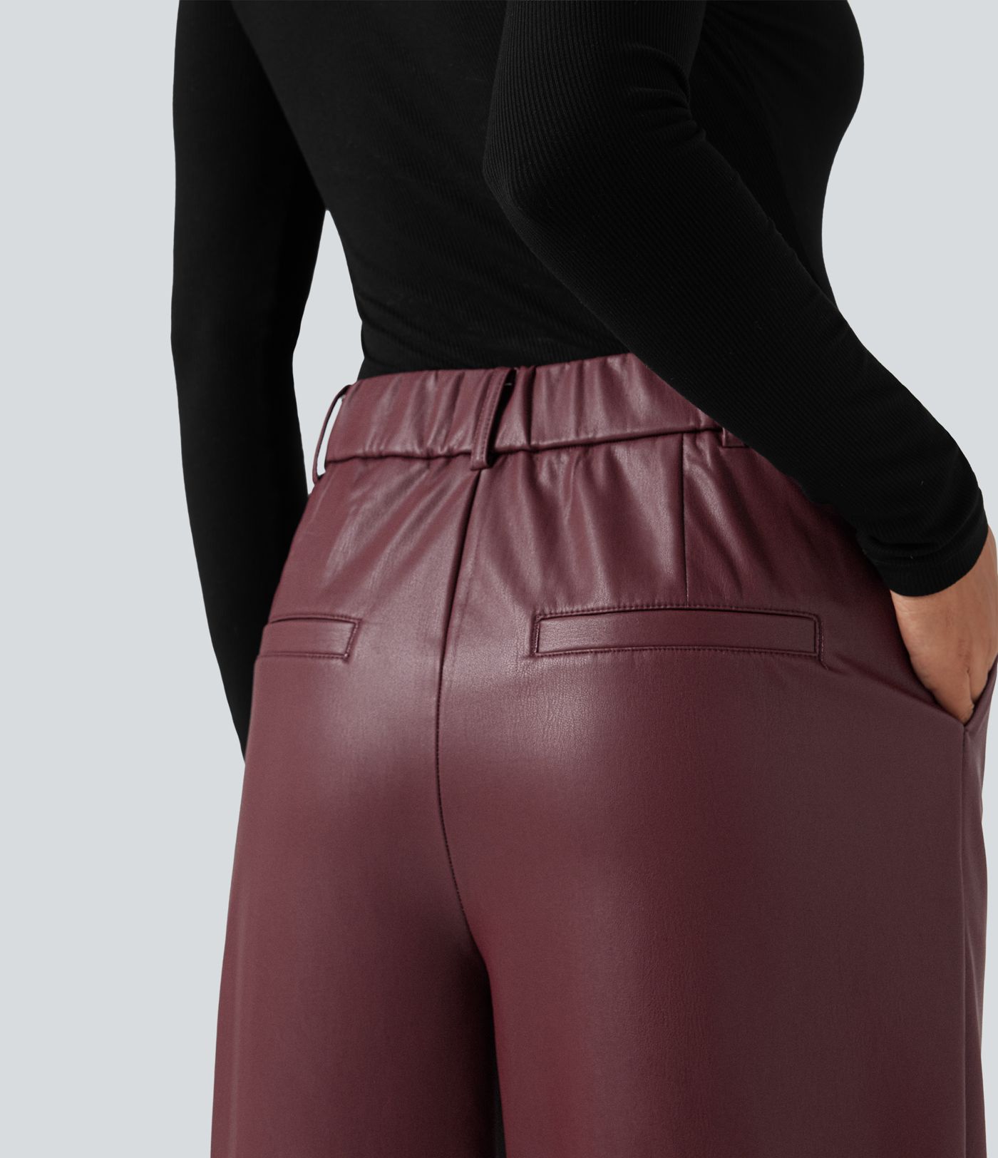 High Waisted Wide Leg Fleece Casual PU Leather Pants with Pockets
