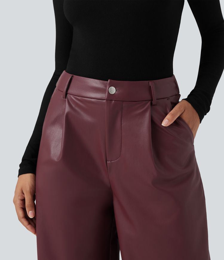 High Waisted Wide Leg Fleece Casual PU Leather Pants with Pockets