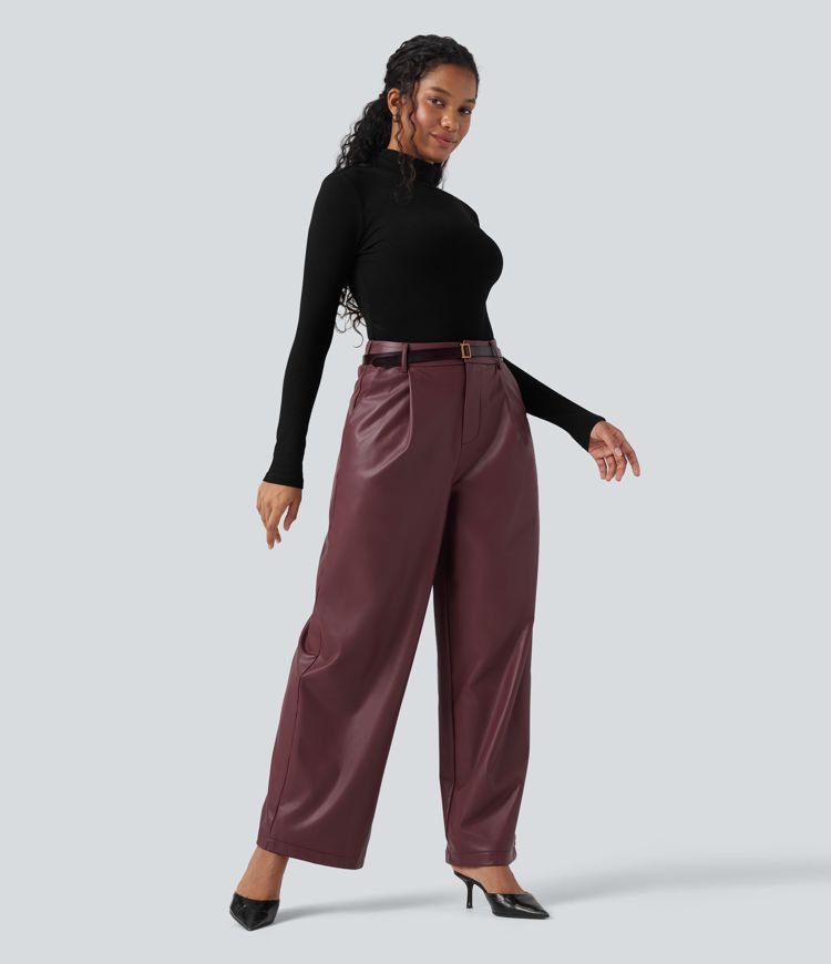 High Waisted Wide Leg Fleece Casual PU Leather Pants with Pockets