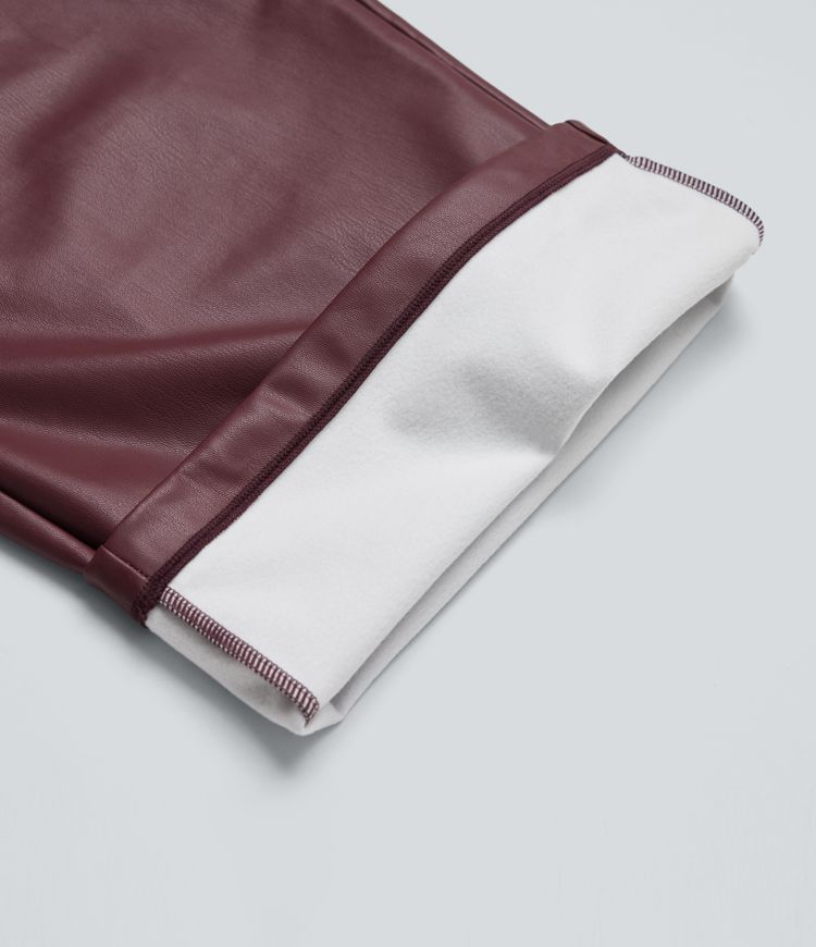 High Waisted Wide Leg Fleece Casual PU Leather Pants with Pockets