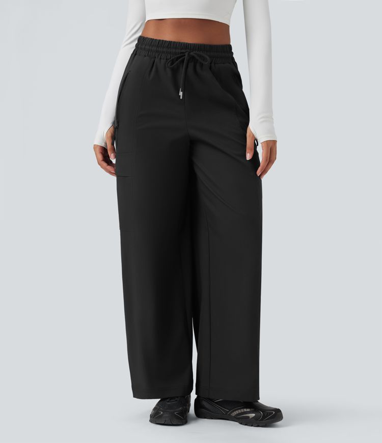 Water Repellent Wear-Resistant High Waisted Drawstring Straight Leg Hiking Pants with Pockets