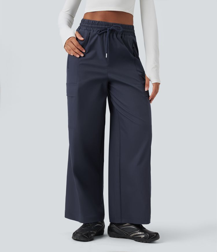 Water Repellent Wear-Resistant High Waisted Drawstring Straight Leg Hiking Pants with Pockets