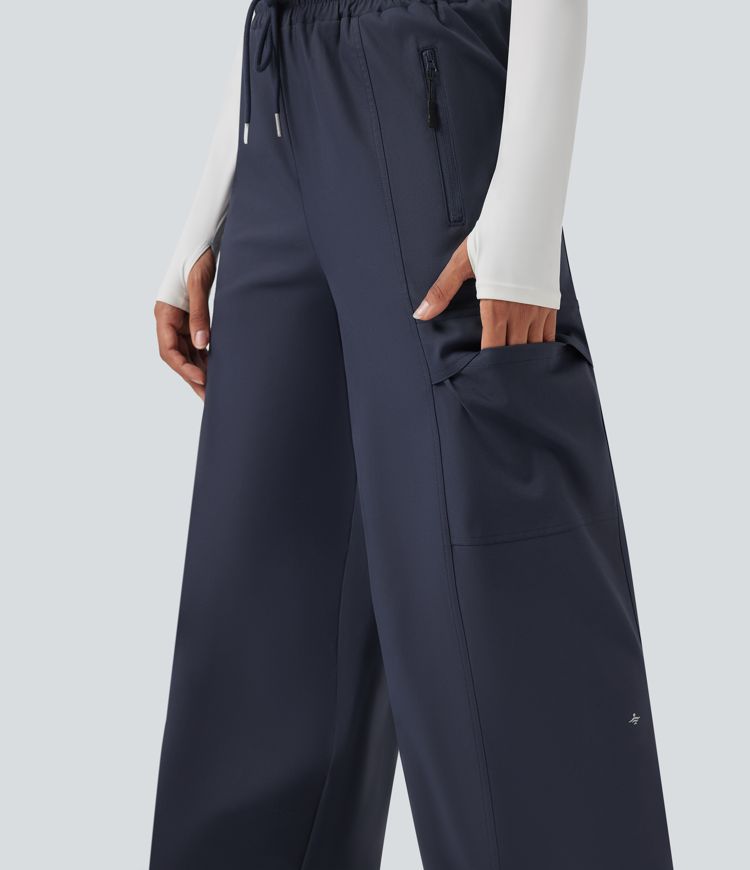 Water Repellent Wear-Resistant High Waisted Drawstring Straight Leg Hiking Pants with Pockets