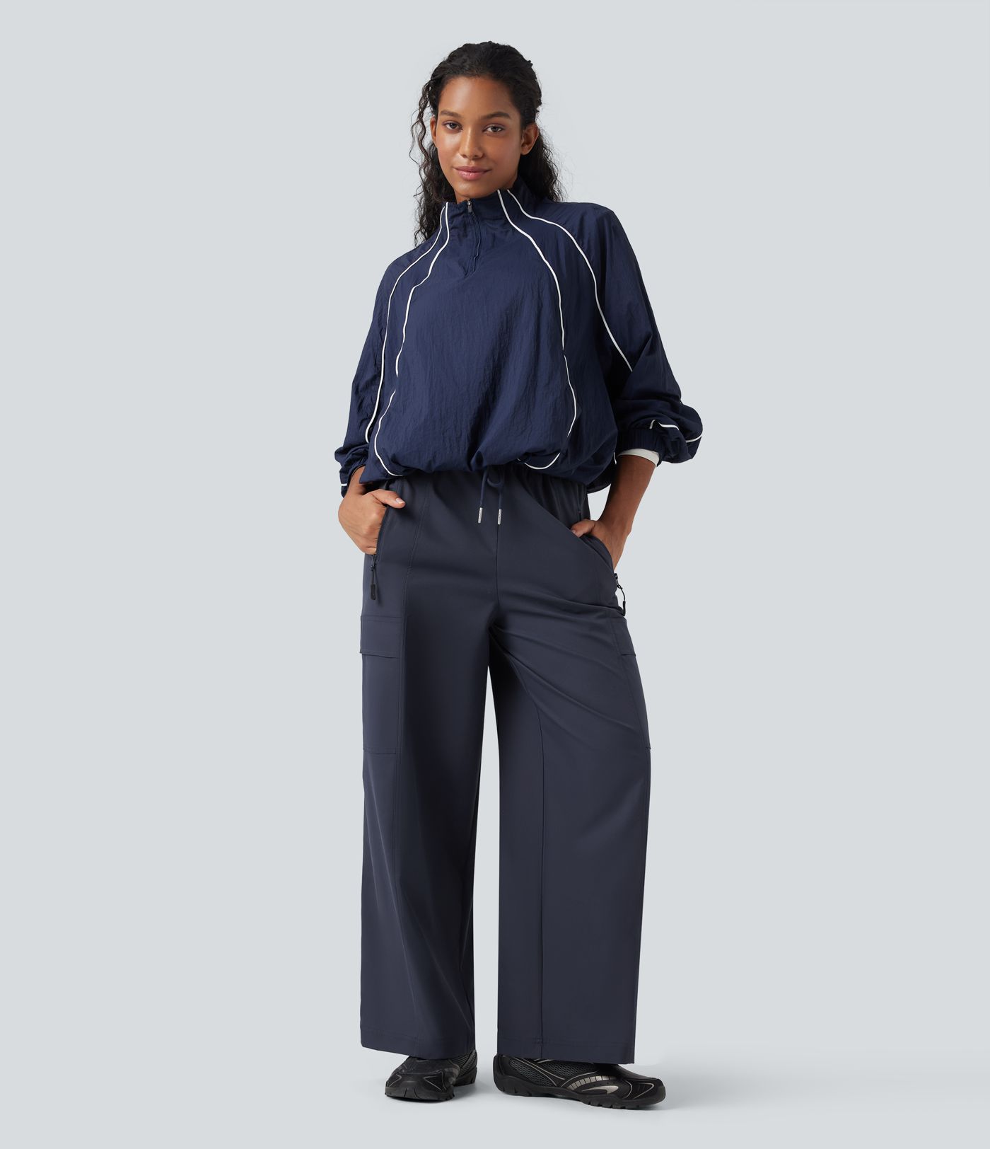 Water Repellent Wear-Resistant High Waisted Drawstring Straight Leg Hiking Pants with Pockets