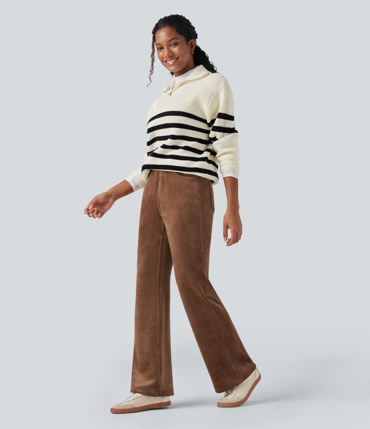 Pantalon évasé décontracté en velours côtelé molleton taille haute gainant avec poches