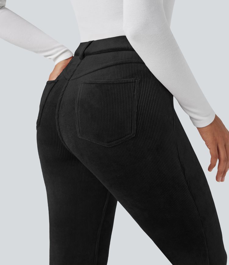 High Waisted Tummy Control Fleece Corduroy Casual Flare Pants with Pockets