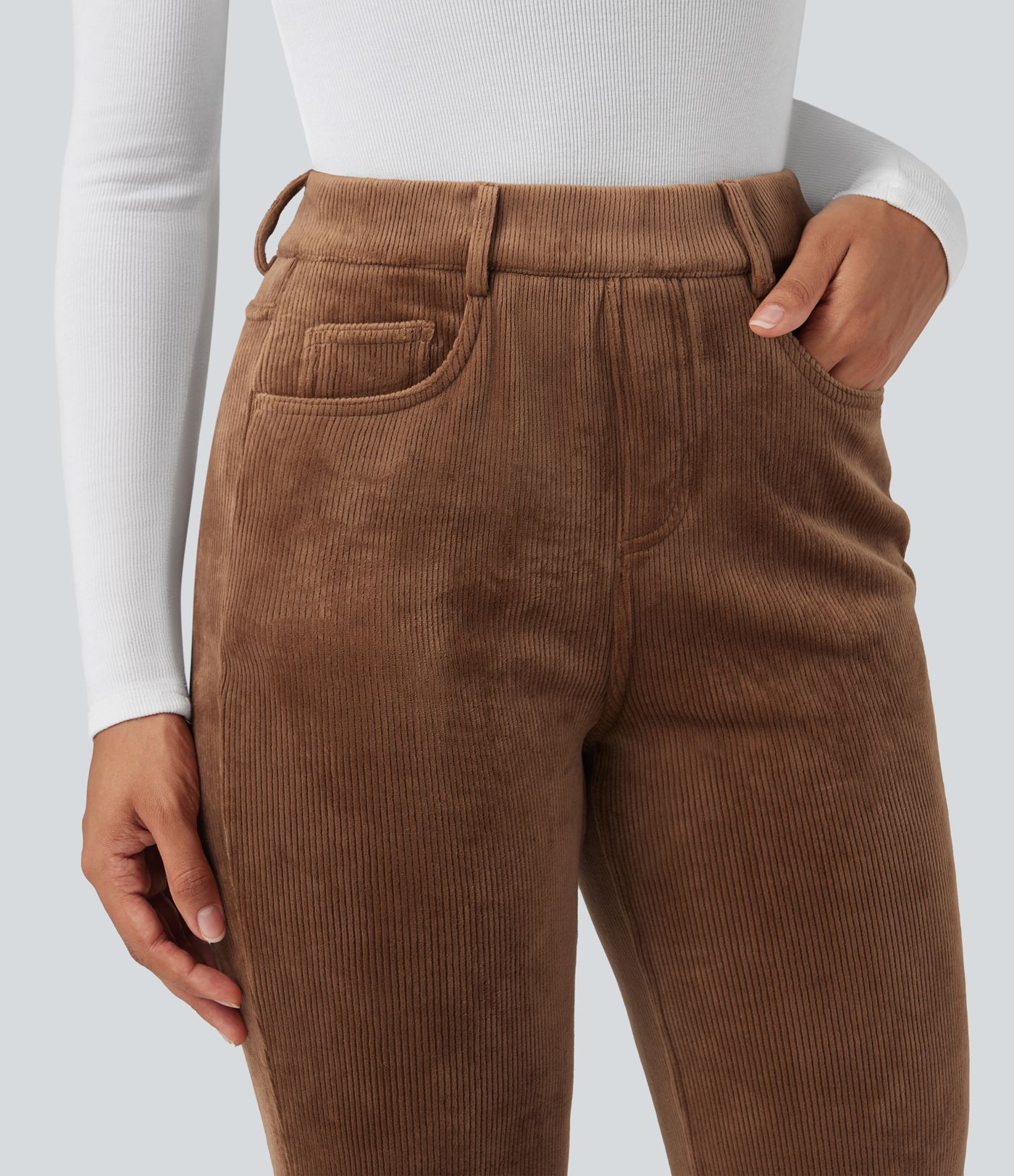 Pantalon évasé décontracté en velours côtelé molleton taille haute gainant avec poches