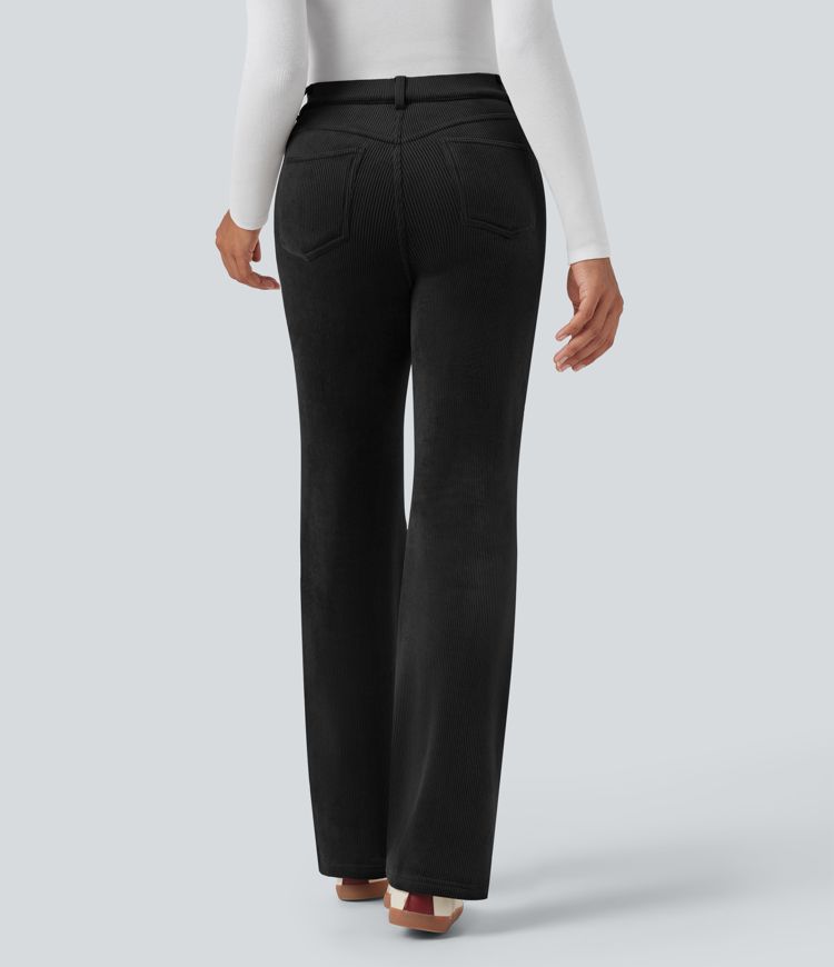 High Waisted Tummy Control Fleece Corduroy Casual Flare Pants with Pockets