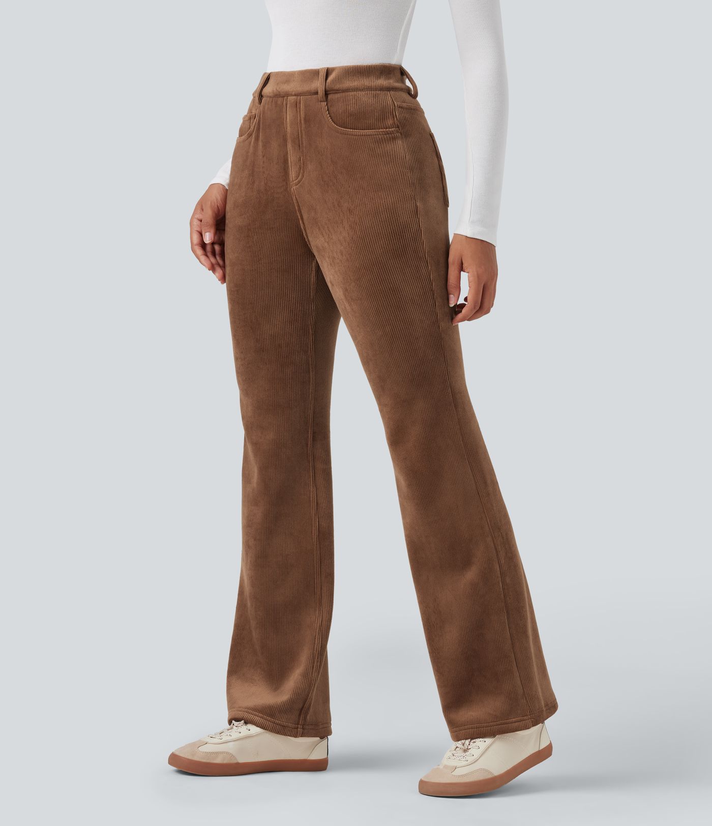 Pantalon évasé décontracté en velours côtelé molleton taille haute gainant avec poches