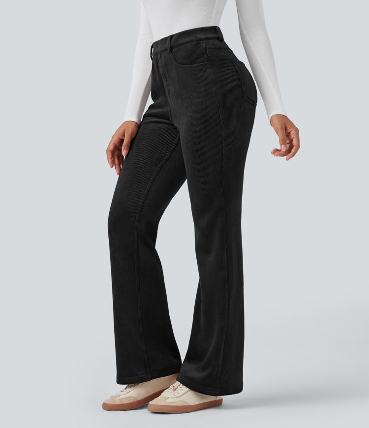High Waisted Tummy Control Fleece Corduroy Casual Flare Pants with Pockets