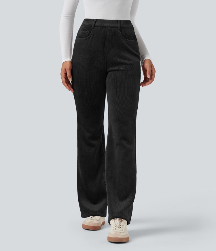 Black Casual flared corduroy pants made from fleece with a high waist, multiple pockets and tummy-control shaping. / 1