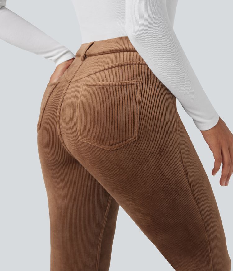 Pantalon évasé décontracté en velours côtelé molleton taille haute gainant avec poches
