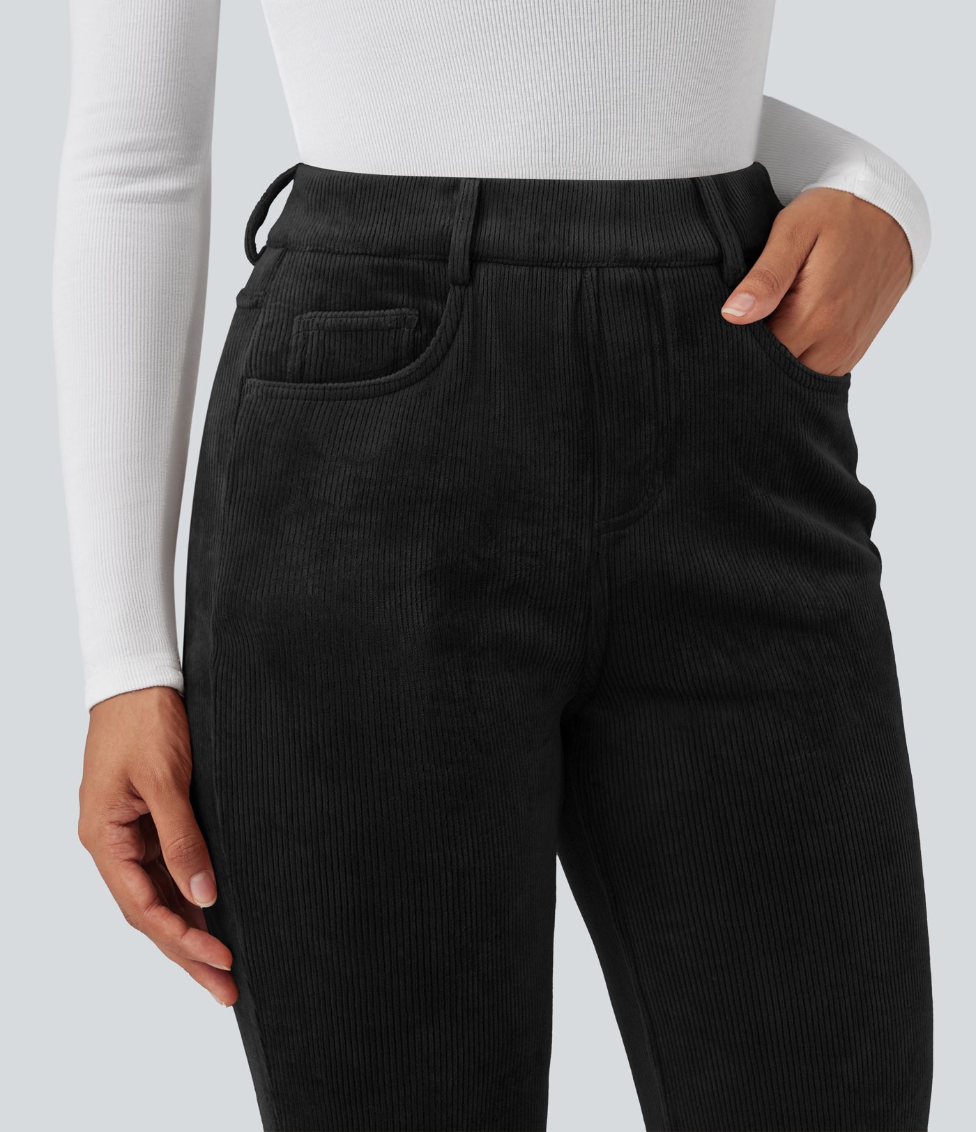 Pantalones acampanados casuales de pana forrados en forro polar, de cintura alta con control abdominal y con bolsillos.