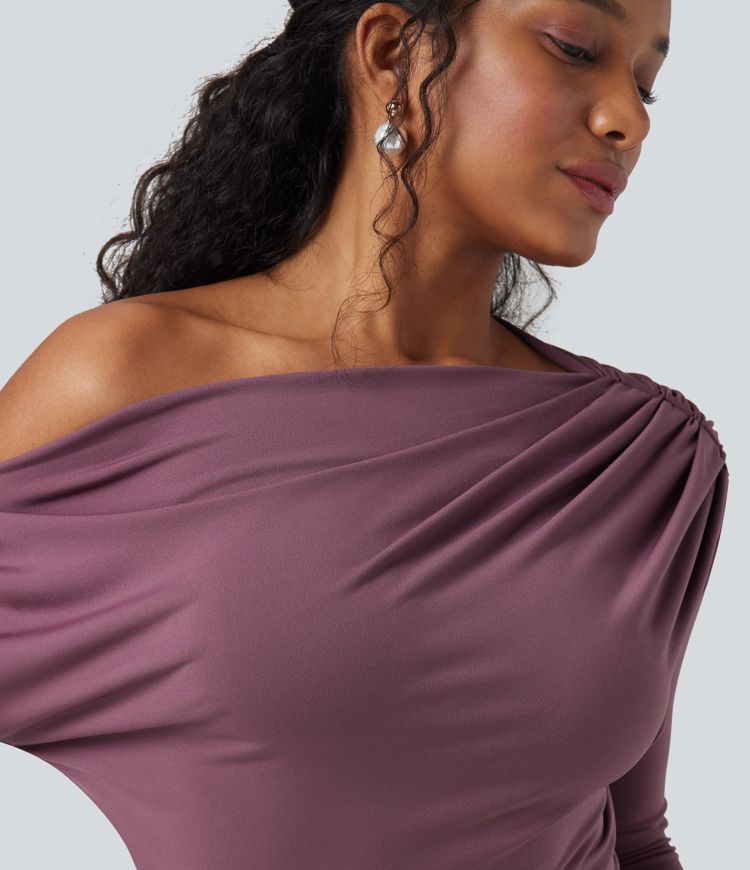 Vestido maxi sirena de manga larga con hombros descubiertos