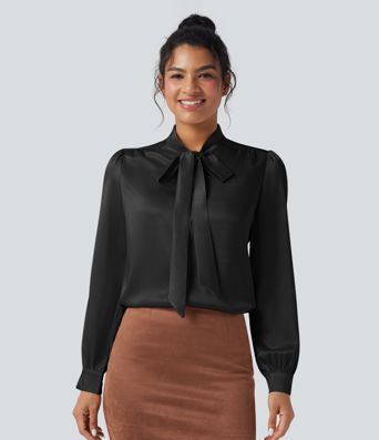 Tie Front Long Sleeve Satin Work Shirt
