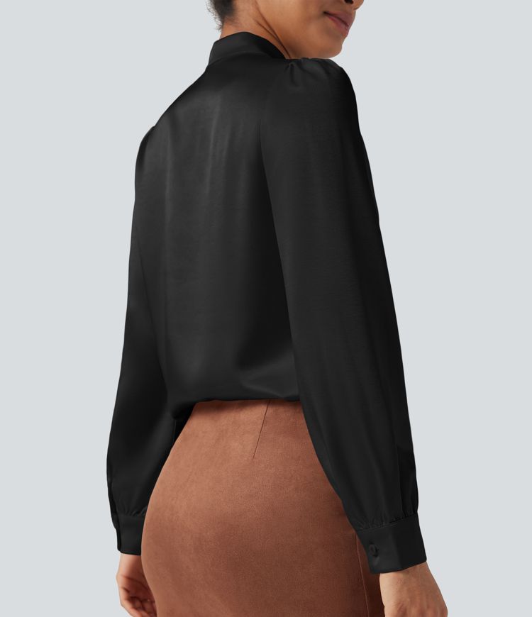 Tie Front Long Sleeve Satin Work Shirt