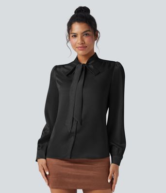 Tie Front Long Sleeve Satin Work Shirt