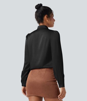 Tie Front Long Sleeve Satin Work Shirt