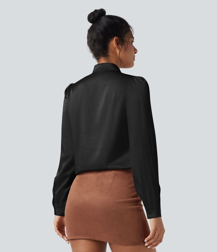 Tie Front Long Sleeve Satin Work Shirt