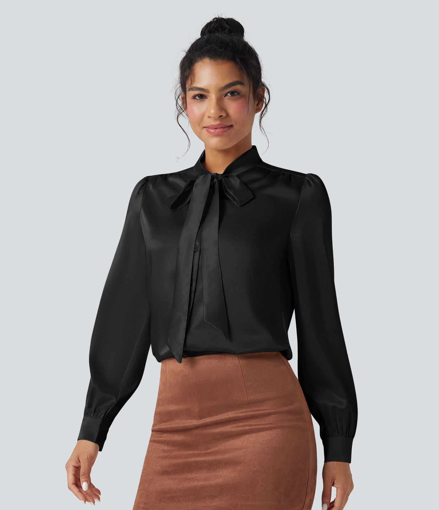 Tie Front Long Sleeve Satin Work Shirt