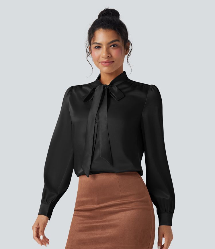 Tie Front Long Sleeve Satin Work Shirt