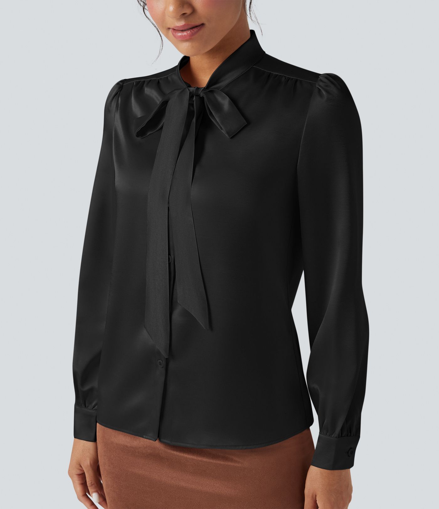 Tie Front Long Sleeve Satin Work Shirt