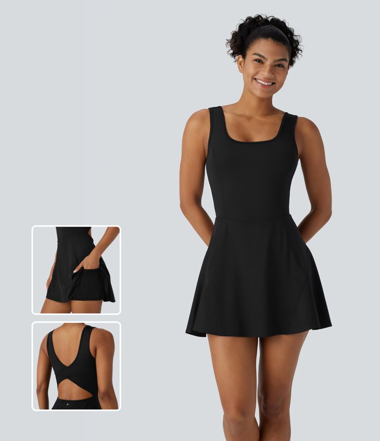 Softlyzero™ Airy Backless Crisscross U Neck 2-in-1 Side Pocket Mini  Dance Active Dress
