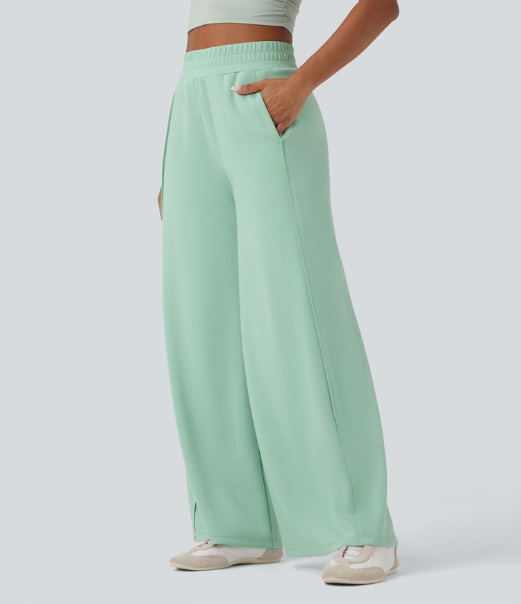 High Waisted Wide Leg Micro Waffle Casual Trousers with Pockets