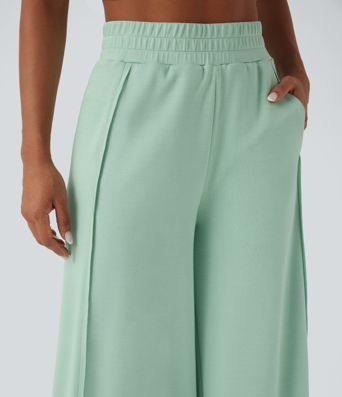 High Waisted Wide Leg Micro Waffle Casual Trousers with Pockets