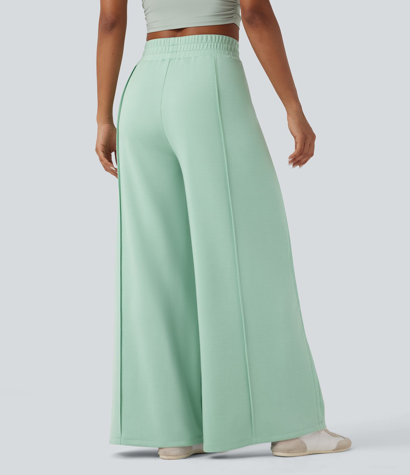 High Waisted Wide Leg Micro Waffle Casual Trousers with Pockets