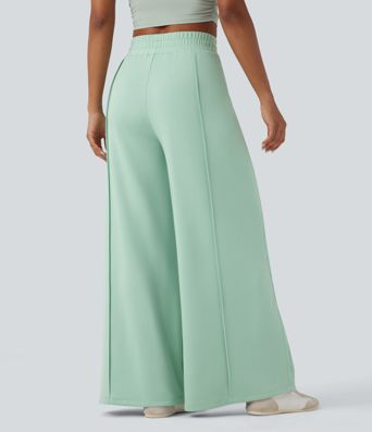 High Waisted Wide Leg Micro Waffle Casual Trousers with Pockets