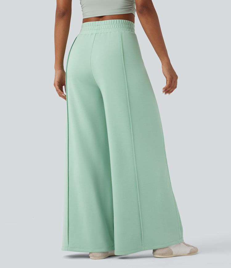 High Waisted Wide Leg Micro Waffle Casual Trousers with Pockets