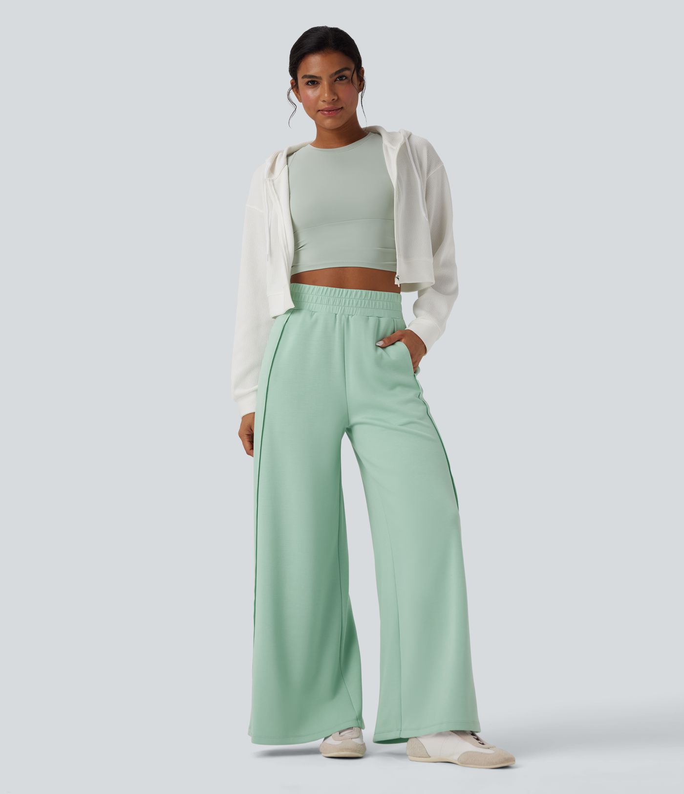 High Waisted Wide Leg Micro Waffle Casual Trousers with Pockets