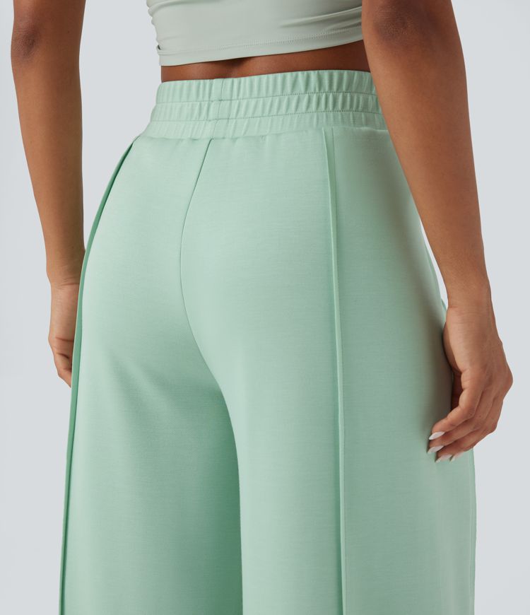 High Waisted Wide Leg Micro Waffle Casual Trousers with Pockets