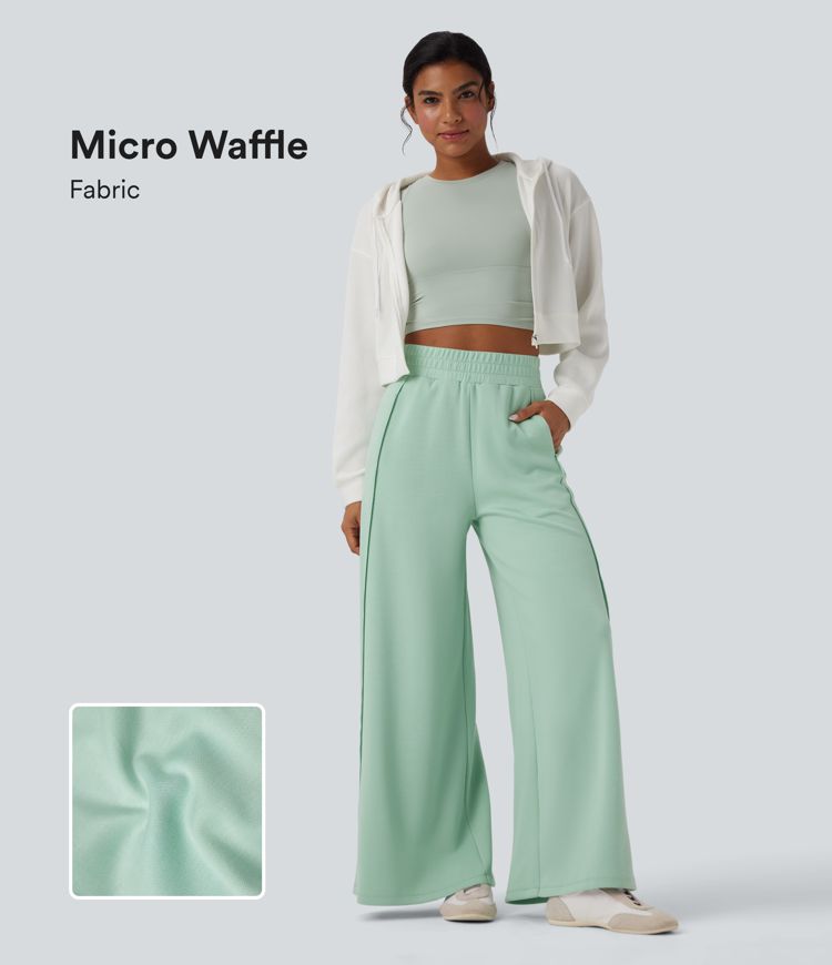 High Waisted Wide Leg Micro Waffle Casual Pants with Pockets