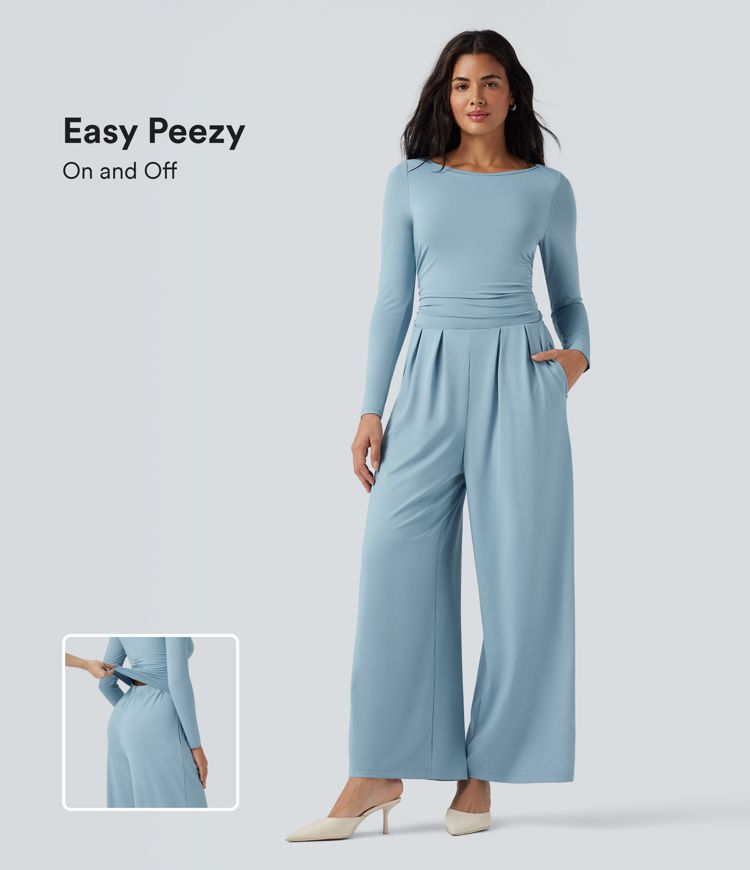 Boat Neck Long Sleeve Wide Leg Casual Jumpsuit with Pockets-Easy Peezy Edition