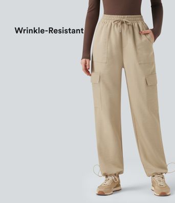 Pantalones casuales anchos de lino con tiro medio resistente arrugas con cordón y bolsillos