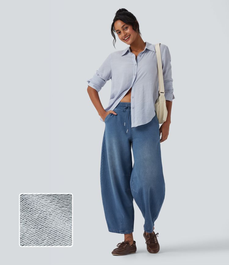 Halara Flex™ Mid Rise Drawstring Barrel Leg Casual French Terry Sweatpants Jeans with Pockets