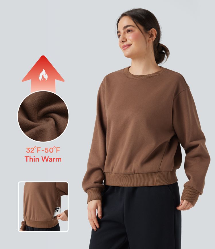 Sudadera casual de algodón de manga larga con polar y cuello redondo con bolsillos