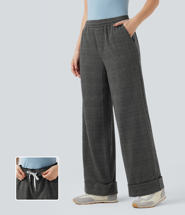 Pantalones casuales anchos de pata de gallo con tiro medio, cordón ajustable y bolsillos