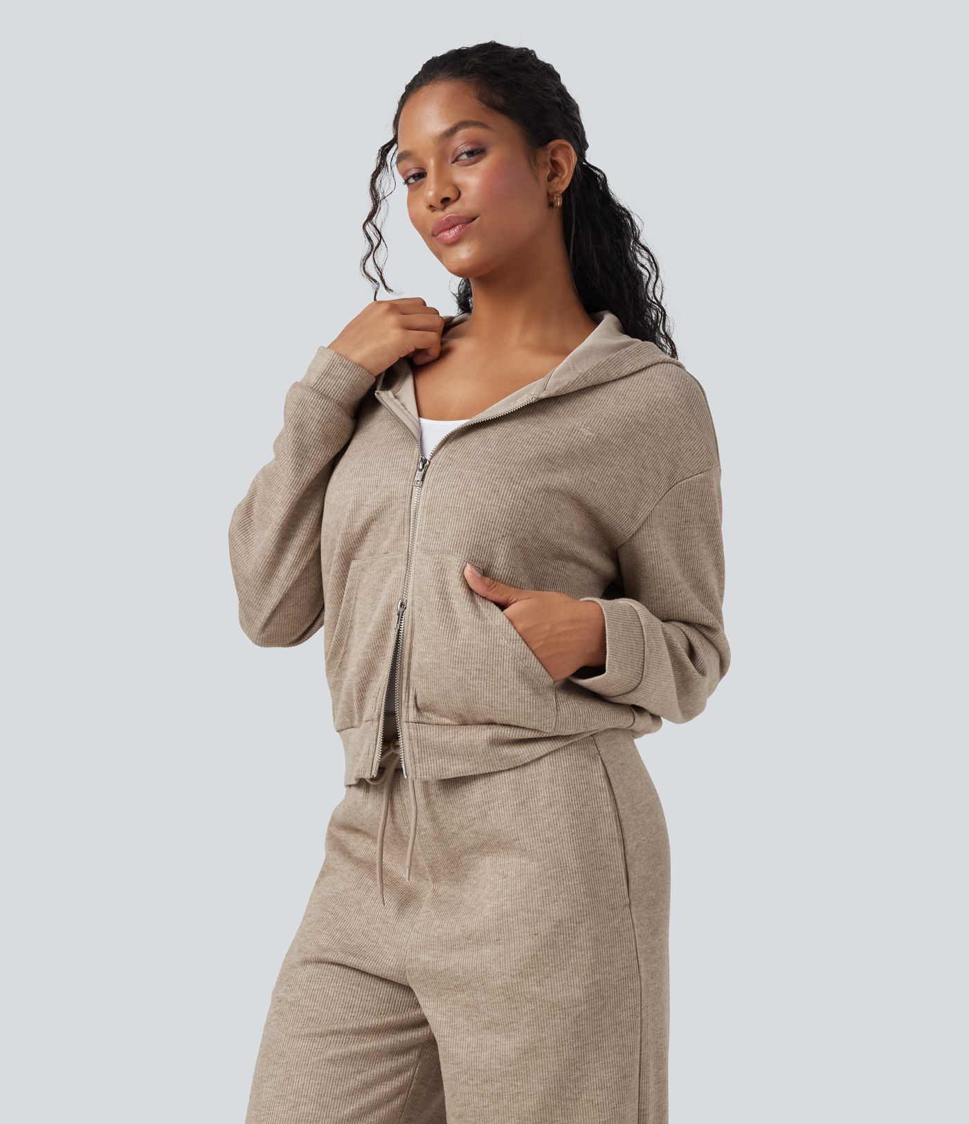 Ribbed Knit Hooded Zip Relaxed Casual Jacket with Pockets