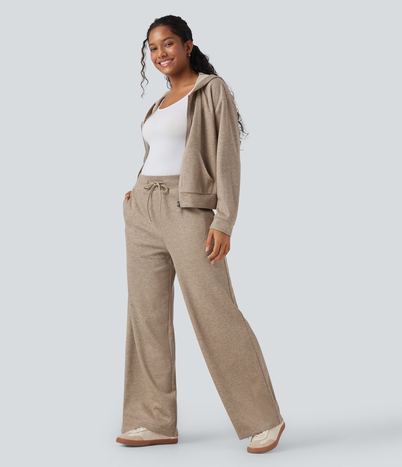 Ribbed Knit Hooded Zip Relaxed Casual Jacket with Pockets