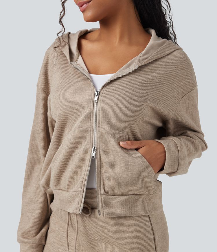Ribbed Knit Hooded Zip Relaxed Casual Jacket with Pockets