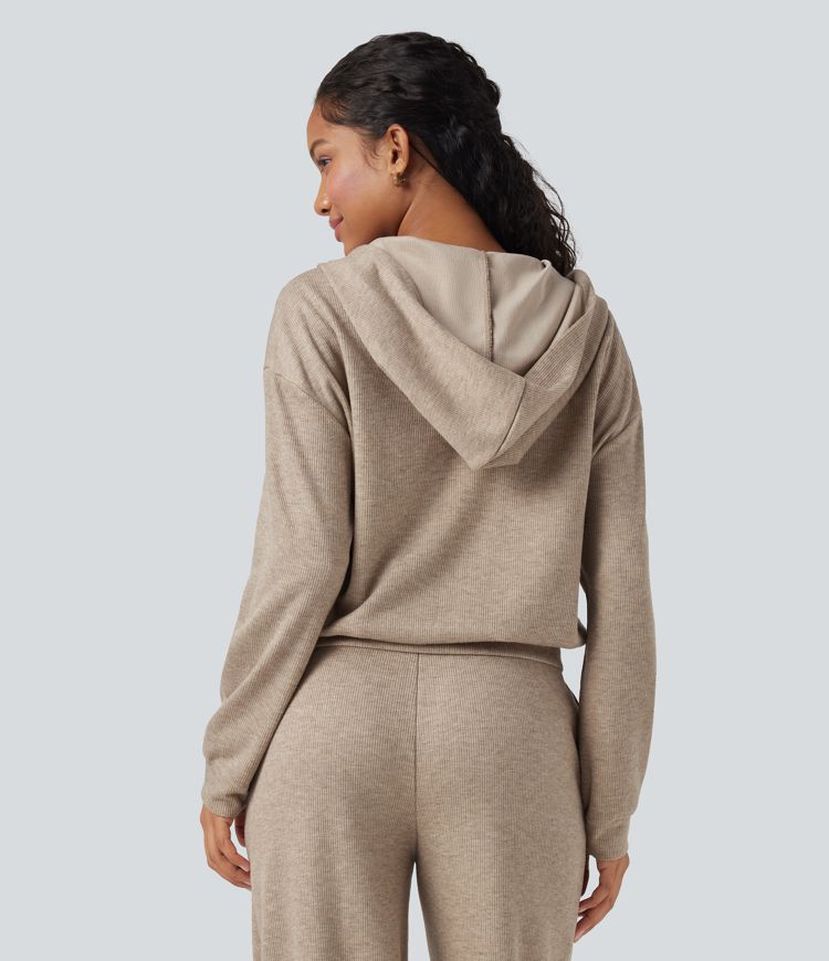 Ribbed Knit Hooded Zip Relaxed Casual Jacket with Pockets
