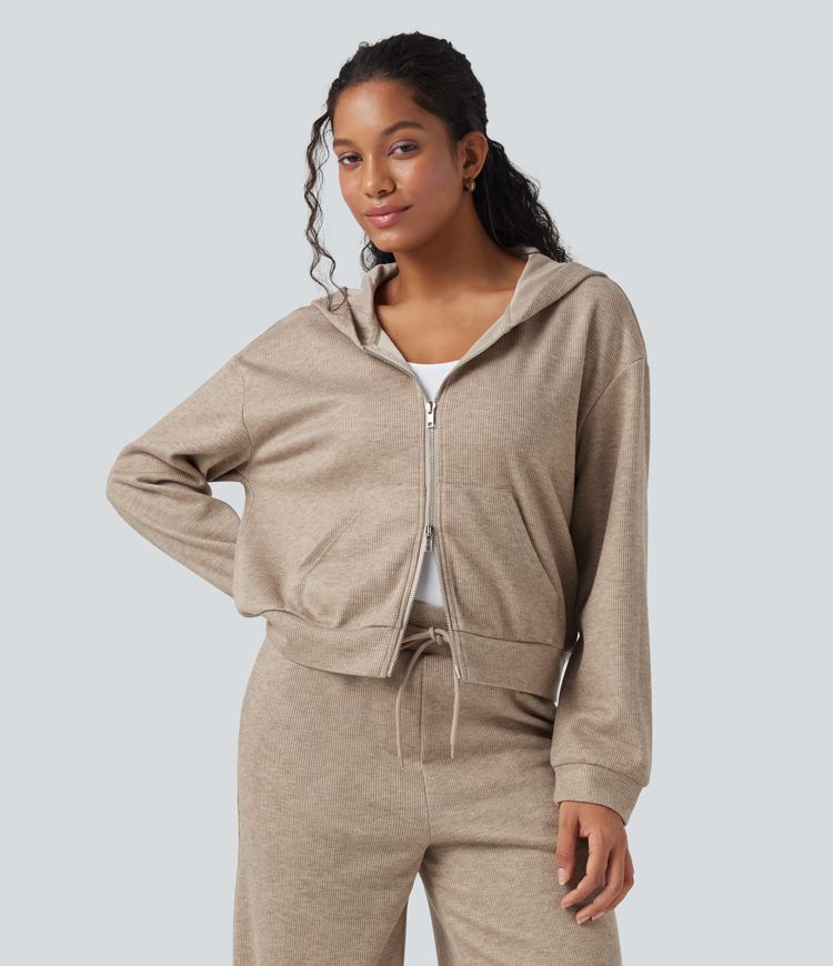 Ribbed Knit Hooded Zip Relaxed Casual Jacket with Pockets