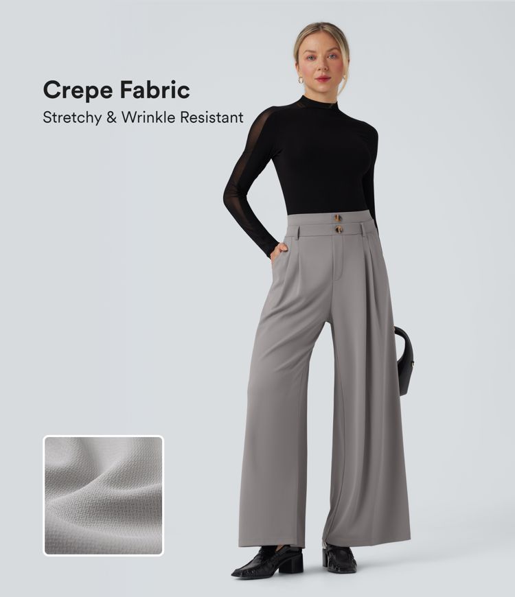 Halara Flex™ High Waisted Double Waistband Wide Leg Crepe Work Trousers with Pockets