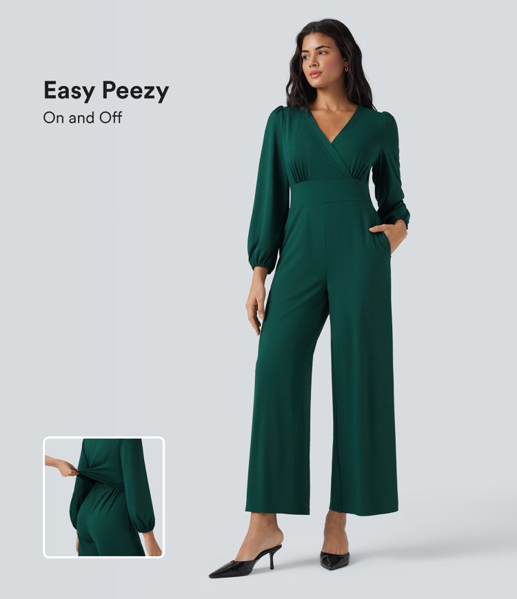 Combinaison tailleur à jambes larges, col V, manches longues, avec poches – Édition Easy Peasy