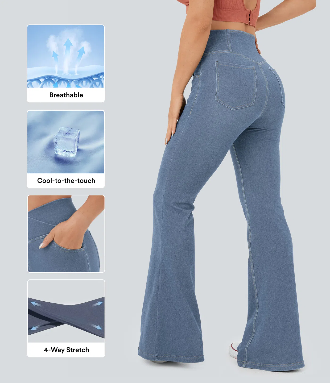 Halara Flex™ Crossover-Flared-Jeans aus elastischem Strick-Denim mit hohem Bund, mehreren Taschen und Cool-Touch