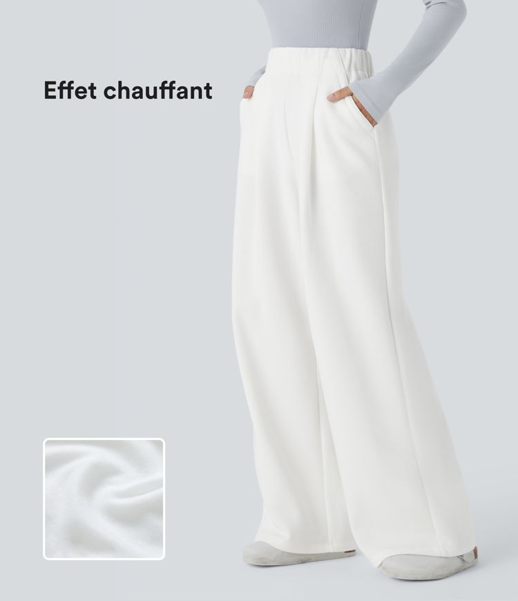 Pantalon Casual Thermique Taille Haut Jambes Larges Poche Latérale Plissée en Fleece 