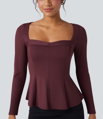 Square Neck Long Sleeve Ruffle Hem Work T-Shirt